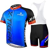 X-TIGER Maillot de Cyclisme Manches Courtes Homme avec Cuissard à Bretelle 5D Gel Rembourré,VTT Courtes Respirant Vêtements de Cyclisme Sports Shorts Pantalons avec Tee Shirt