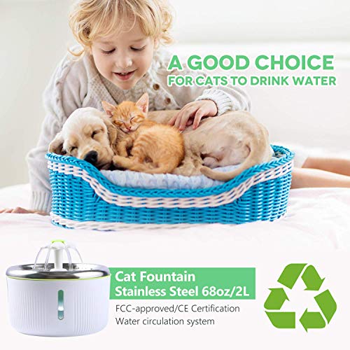 lesotc Cat Fountain Stainless Steel 68oz/2L Pet Water Fountain Ultra Quiet 2 Ways to Drink Dog Water Fountain Automatic Drinking Cat Water Dispenser Dog Fountain LED Light with 2 Replacement Filters - Thumbnail 3