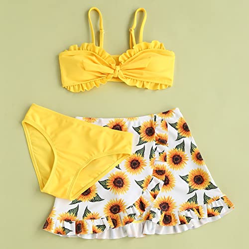 Girl's Cute 3 Piece Swimsuit V Neck Spaghetti Strap Wireless Bikini Set with Ruffle Skirt Sunflower Bathing Suit4