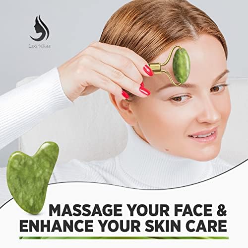 Jade Roller and Gua Sha Set for Face | 100% Authentic Natural Jade Gua Sha 2 in 1 Face Roller | Premium SkinCare, Original Gua Sha Facial Tools, GuaSha Face Massager Guasha Tool for Face (Green)
