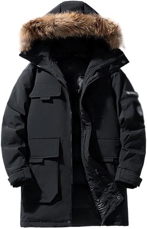 Men's Seasonal Collar Workwear Down Jacket Hooded Mid Length Thick Warm Coat
