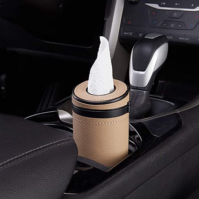 Image of Automaze PU Leather Plus ABS, Car Cylindrical Cup Holder Tissue Holder Box with 3 Ply 40 Pulls Tissues (Beige)