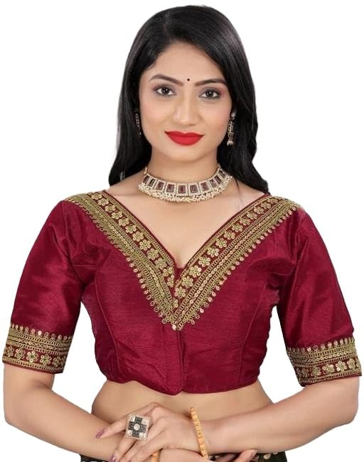 Elegant Embroidered Cotton Women Blse Short Sleeve Traditional Festive Saree Ethnic Top-image-42