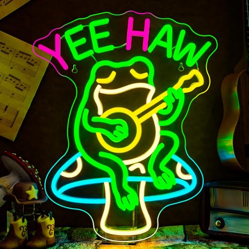 Image of Yee Haw Frog Neon Sign Guitar LED Light 13x16 Inch Cartoon Cowboy Frog Neon Signs for Bar Pub Man Cave Bedroom Game Room Wall Decor Music Fans Gift