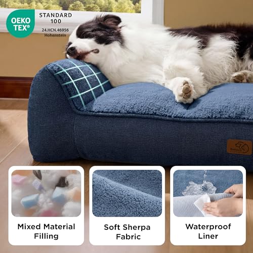 Image of Bedsure SupportMax Orthopedic Dog Beds Large Sized Dog - Extra Thick Supportive Large Dogs Bed with Waterproof Washable Cover, L Plus Comfort Pet Sofa with Soft Sherpa and Nonskid Bottom, Blue, 38 inch