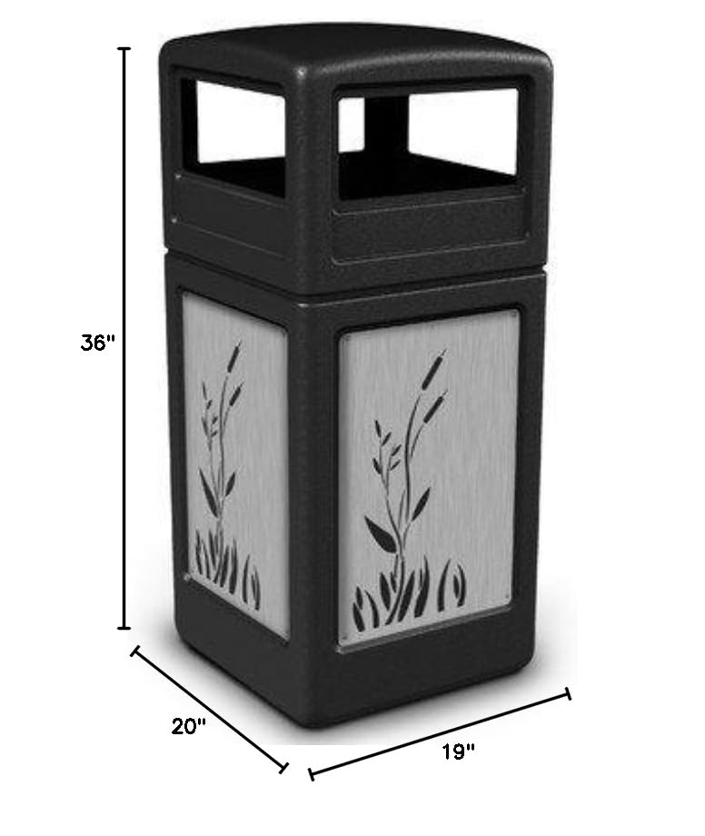 Image of Precision Series 42 Gallon Waste Containers with Dome Lid and Stainless Steel Panels Cattails Design Color: Black