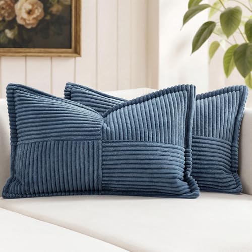 Image of MIULEE Decorative Lumbar Throw Pillow Covers for Couch Bed Livingroom 12x24 Inch Set of 2 Blue Boho Accent Throw Pllows Broadside Striped Patchwork Soft Corduroy Summer Coastal Pillowcases