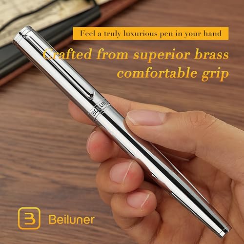 Image of BEILUNER Silver Fountain Pen,Stunning Luxury Pens with Bright Silver Chrome, Gorgeous 24K Gilded Nib(Medium), Fancy Pen Gift for Men&Women -Ink Converter-Elegant, Office,Nice Pen for Writing