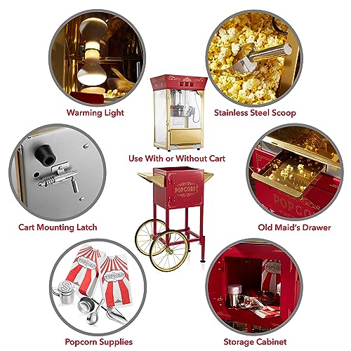 Olde Midway Movie Theater-Style Popcorn Machine Maker with Cart and 10-Ounce Kettle - Red, Vintage-Style Popper on Wheels