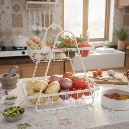 Image of 2 Tier Metal Fruit and Vegetables Basket with Handle | Fruit Vegetables Snacks and Bread Organizer for Kitchen, Dining Table, Livingroom | Bathroom Countertop Stand (Design 1 - White)