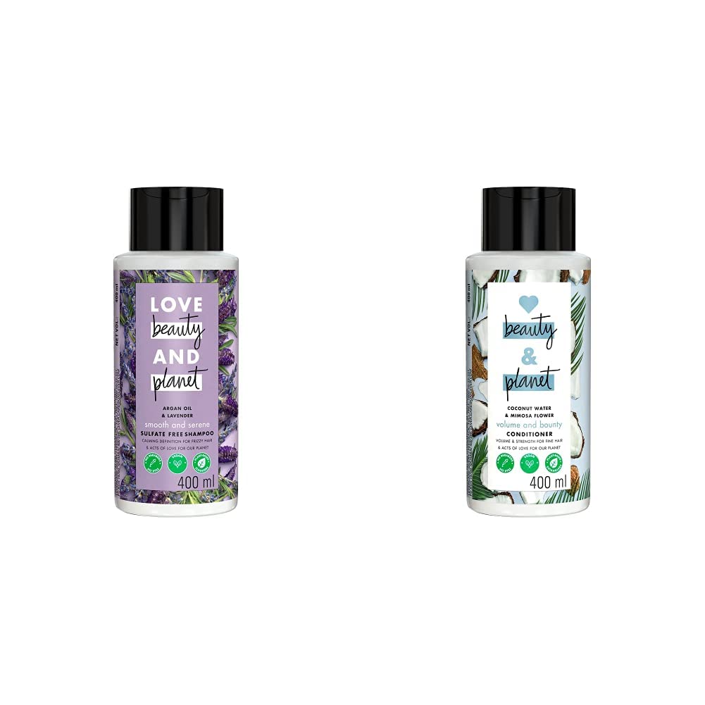 Love Beauty & Planet Smooth and Serene Shampoo with Argan Oil and Lavender Aroma, 400 ml & Love Beauty & Planet Volume and Bounty Conditioner with Coconut Water and Mimosa Flower Aroma, 400 m