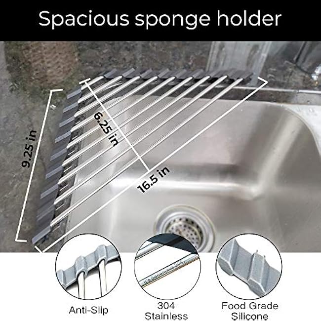 Roll Up Sponge Holder for Counter, Sink Organizer for Kitchen, Bathroom, Laundry Room, 304-Stainless Steel Sink Organizer for Sponge, Brush, Scrubber, Soap Dispenser Holder, Dish Drying Rack(Black)