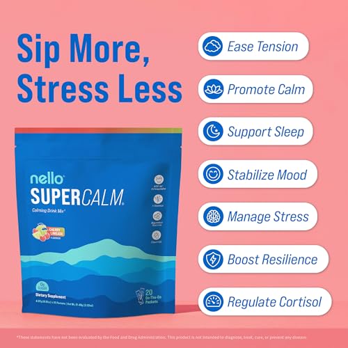 Image of Nello Supercalm Powdered Drink Mix, Cortisol Reducer* and Sleep Aid Supplement, L Theanine, Ksm-66 Ashwagandha, Magnesium Glycinate, Vitamin D 3, No Sugar, Non GMO, On The Go, 20 Ct, Cherry Limeade