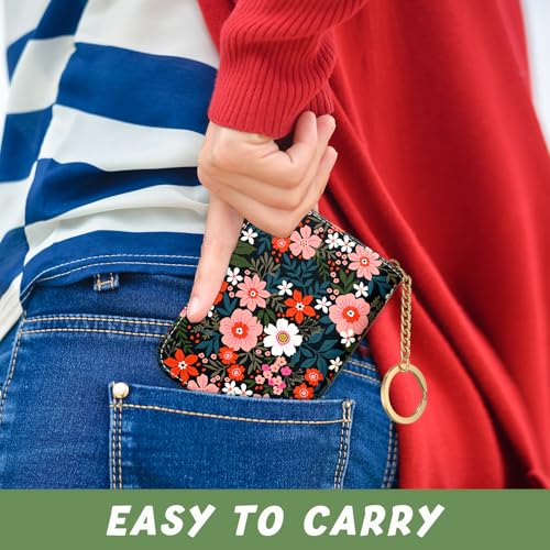 Image of Aiawoxc Credit Card Holder, Small RFID Wallet Slim Leather Card Organizer Case with Zipper and Keychain, Cute Flowers
