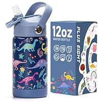 pluseight Kids Insulated Water Bottle with Straw Lid, 12 oz BPA-Free Double Wall Vacuum Tumbler 18/8 Stainless Steel Leak Proof Kids Cups with Straw for School Travel Boys Girls (Dinosaur)