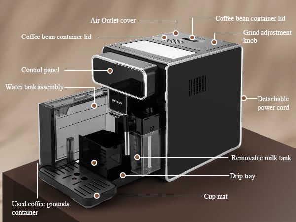 ChefRobot Kaffeevollautomat mit Touchscreen – Espressomaschine mit Milchaufschäumer, 4-stufiger Mahlgrad, 1,5 L Wassertank & Selbstreinigung – für Espresso, Cappuccino, Latte & Americano – Bild 3