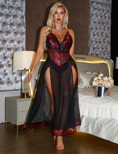 Image of Alrovetoney Plus Size Lingerie For Women Babydoll Sexy Mesh Maxi Nightdress Exotic Sleepwear Side Slits