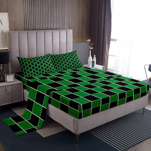 Image of Erosebridal Plaid Sheet Set Queen Green Black Checkerboard Bed Sheets Geometric Checkered Bedding for Kids Boys Girls,Aesthetic Grids Bed Sheets Set 4 Piece