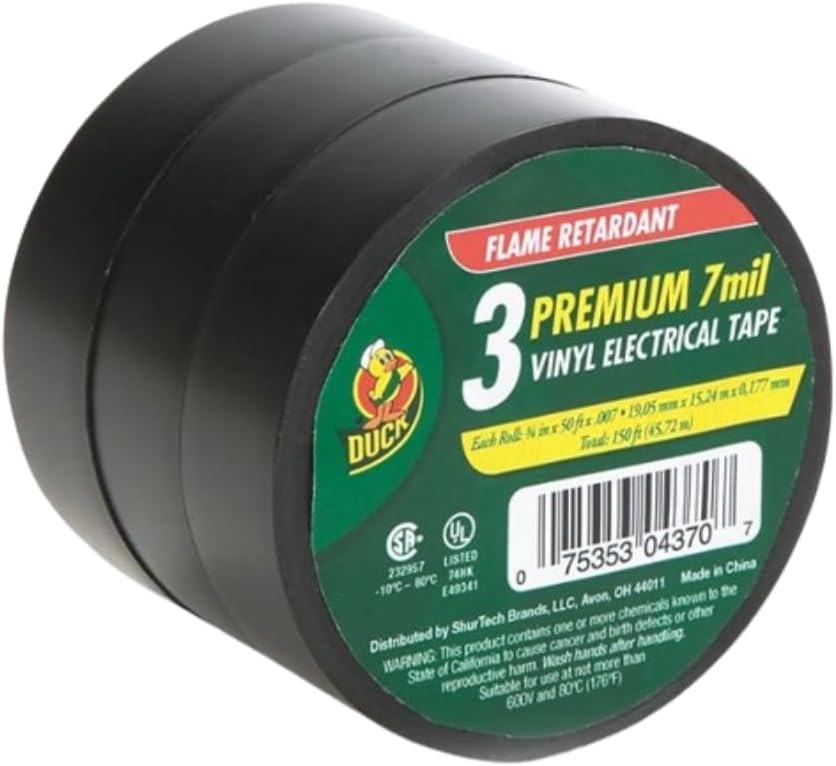Duck Brand Professional Electrical Tape, 0.75-Inch by 50-Feet, 3-Pack of Rolls, Black (299004)