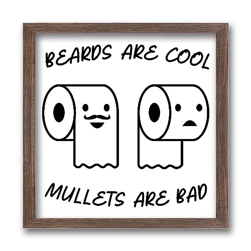 FINGERINSPIRE Beards Are Cool Mullets Are Bad Wood Sign with Acrylic Layer 17.9x17.9 cm Rustic Humor Toilet Paper Bathroom Signs Funny Wooden Sign Hanging Frame Sign for Home Washroom Bathroom Decor