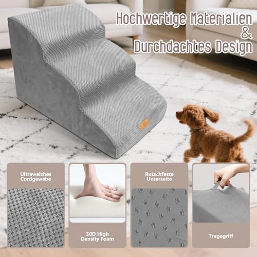 Thihome Hundetreppe für Kleine Hunde, 3 Stufen Haustiertreppe wasserdichte Katzentreppe, Abnehmbarer Schwamm Hunderampe mit Waschbar Bezug für Bett, 60x40x40cm