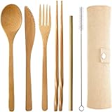 Onwon® Bamboo Travel Cutlery Set Include Reusable Knife Fork Spoon Chopsticks Straw Eco Friendly Organic Bamboo Utensils Camping Flatware Travel Utensil Set for Picnic Office and School Lunch