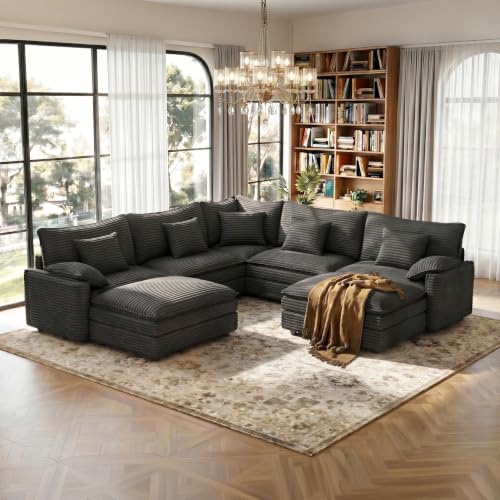 Image of Vesgantti 101 inch V-Shaped Corner Couch Sectional, 7 Seat Customizable Modular Cloud Couches with Movable Ottoman, Corduroy Deep Seat Sofa Set with Chaise for Living Room, Bedroom and Apartment, Gray