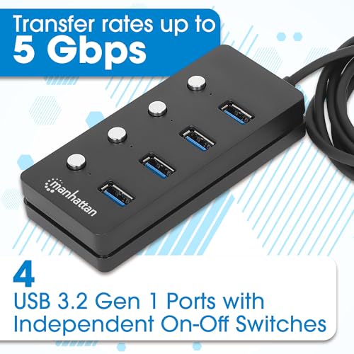 Image of 4 Port USB Extension Cable Hub with (5ft Long Cord) - USB 3.2 Powered USB Splitter On /Off Switches - USB Extender /Multiport Adapter for Desktop Computer, Laptop, PC Accessories