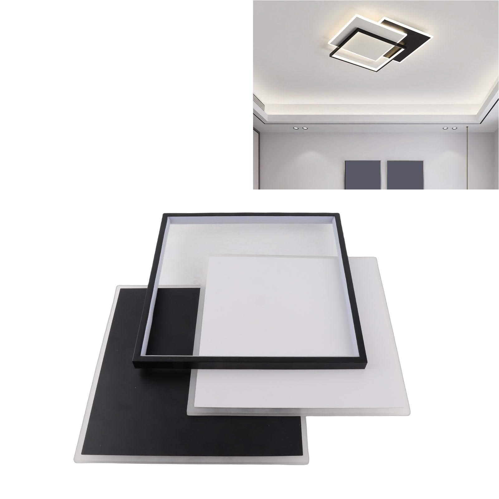 Asixxsix Sufitowa LED, Funkcja Pamięci z możliwością Płynnego ściemniania. Sufitowa do Montażu podtynkowego. Oprawa z możliwością ściemniania z pilotem. 3 Geometryczne Układy Ułożone w Stosy do