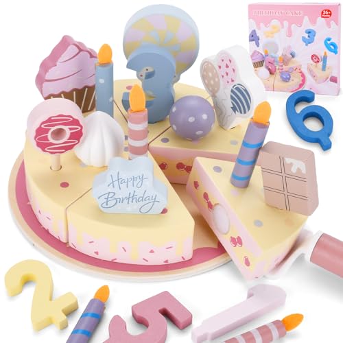 Gâteau d'anniversaire en Bois,Gâteau en Bois,Gâteau d'anniversaire Jouet,Jouer Ensemble de Nourriture Bricolage Faire Semblant de Jouer avec des Bougies pour Les...