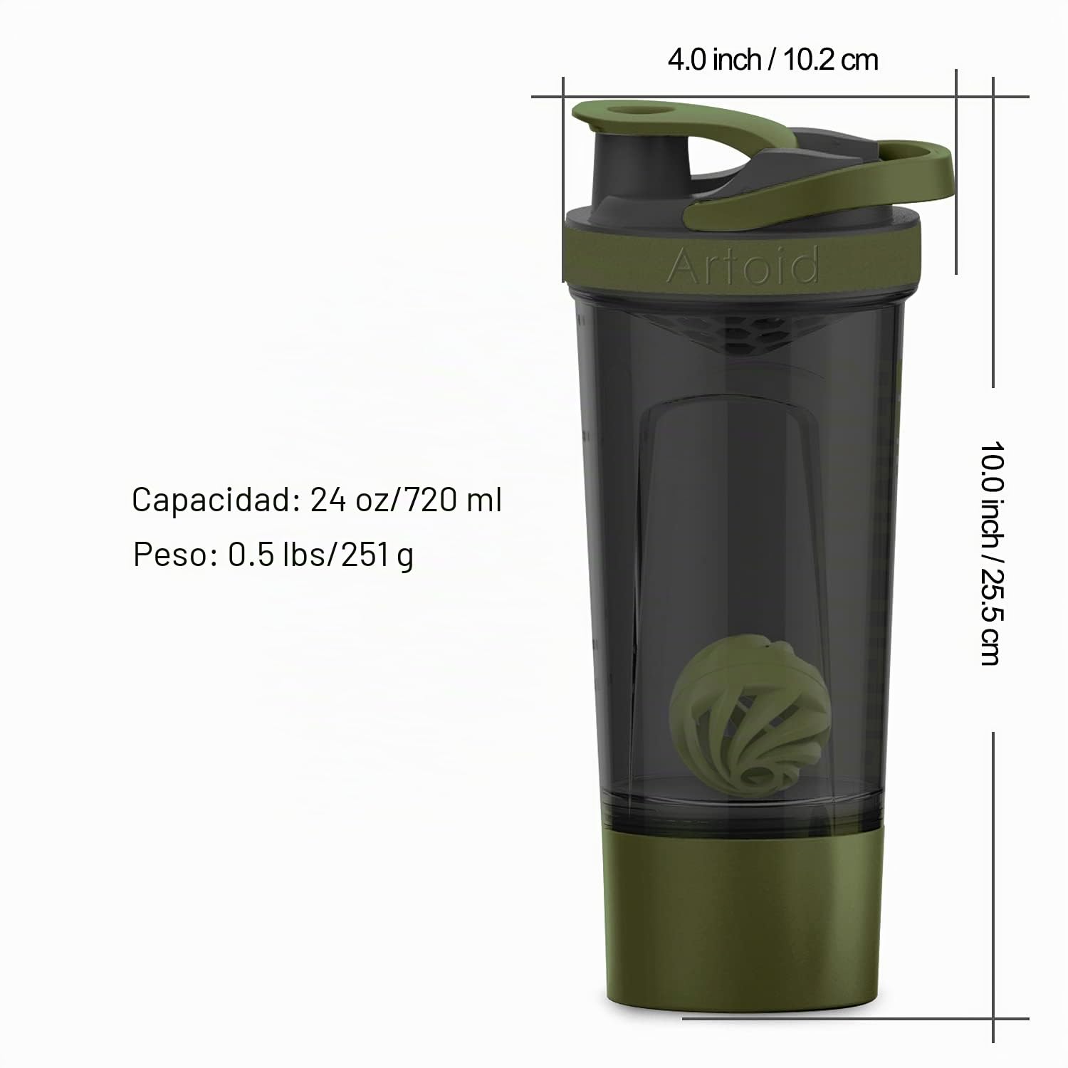 Artoid Mode Protein Batidor de Proteínas con Compartimento para Polvos Bebidas Deportivas Jabón de Manos Negro/Verde 720ml, Colador Organizador bolas espiral 200ml Suplementos dietéticos sin BPA