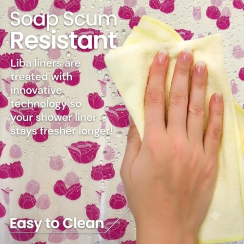 Image of Shower Curtain 7 Feet | Waterproof PVC Printed Bathroom Curtain with 8 Rings | Transparent Stone Print Bathtub Curtain | Extra Long Bathroom Liner, Waterproof & Easy to Clean (Pink Rose,Pack Of 1)