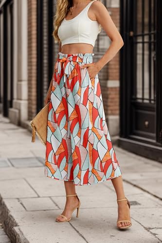 Image of IWOLLENCE Women Flowy Loose Wide Leg Pant Summer Beach Casual Trousers high Waist Adjustable Knot Business Work Casual Pants