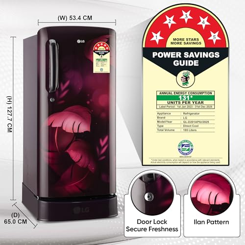 Image of LG 185 L, 5 Star, Smart Inverter, Direct Cool Single Door Refrigerator (GL-D201APIU, Purple ILAN, Moist N Fresh, Auto Smart Connect & Base Stand Drawer)