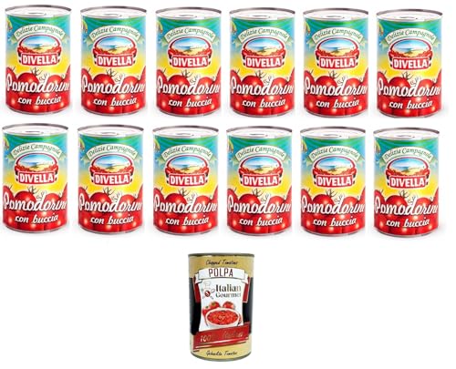 Divella Pomodorini con Buccia Con apertura a Strappo - Tomates cereza con bandeja y apertura para abrir 12 x 400 gr+Polpa italiana Gourmet 400 g