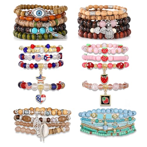 17IF 30 Pcs Silver Bead Bracelet Set for Women, Charm Colorful Crystal Stone Wooden Stackable Boho Turquoise Evil Eye Butterfly American Star Heart Stretch Chain for Friendship