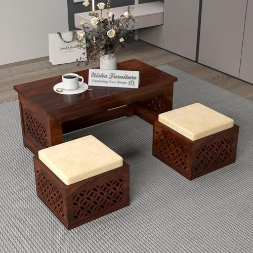 Image of Solid Sheesham Wood Coffee Table with 2 Stools for Home, Office | Wooden Center Coffee Table for Living Room, Center Table with Shelf Storage | (CNC- Walnut Finish)