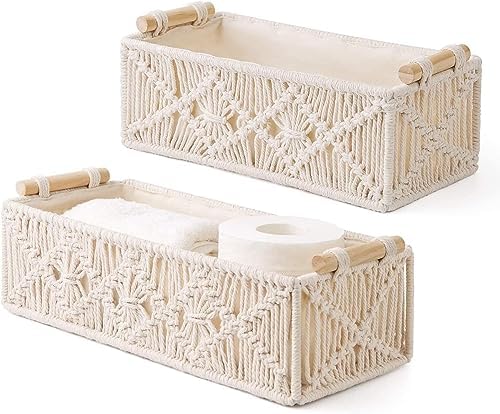 BLISS VIE Macrame Storage Basket Boho Decor Baskets for Organizing Woven Decorative Basket Countertop Toilet Paper Basket for Bathroom Decor Bedroom Organizer Nursery Livingroom (Set of 2) (Ivory)