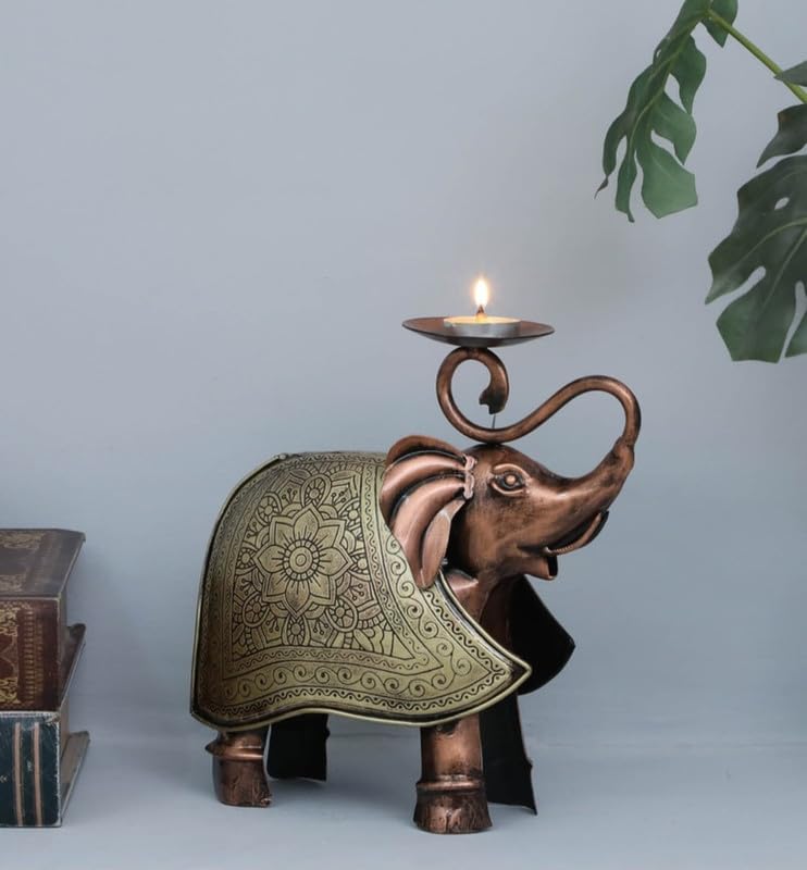 CRAFT CULTURE Rajasthani Ethnic/Elephant Tea Light Acc with Fine Painting Table Decor Handcrafted Powder Coated Iron Table Decor Decorative (Multicolor)