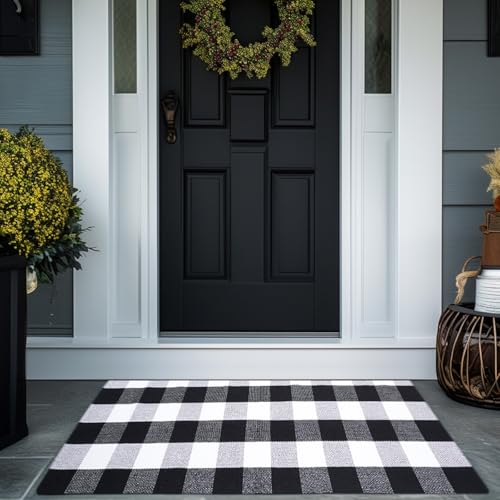 PIXFAIRY Buffalo Plaid Area Rug - 3x5 Ft, Black and White Checkered, Washable Cotton, Ideal for Front Porch, Kitchen, Entryway, Patio, Bathroom