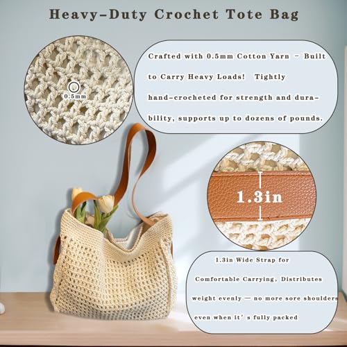 Crochet Beach Tote Bag for Women, Cute Soft Woven Summer Boho Purse Hangbags Shoulder Bags for Vacation 2025 Beige3