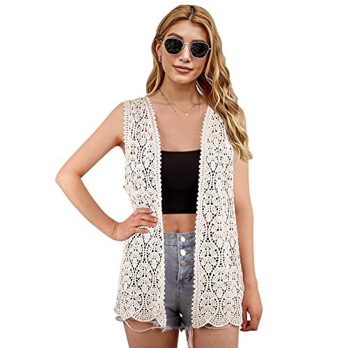 Image of Womens Floral Crochet Lace Boho Trim Sleeveless Open Front Vest Cardigan