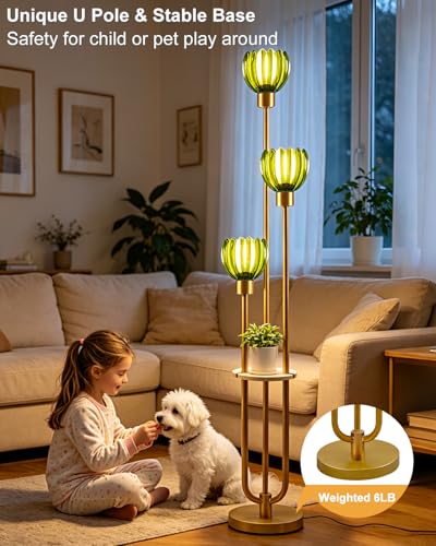 Image of Lightdot 3-Lights Glass Floor Lamp for Living Room Modern Gold Floor Lamps with Lotus Green Glass Shade& Bulbs Included for Wedding /Party Tall Standing Lamp for Bedroom /Sofa Beside /Corner Decor
