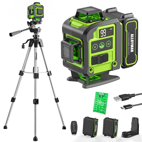 Image of Laser Level with Tripod, Alloyman 4x360 Self Leveling Laser Level, Green Line Laser 4D Laser Leveler Tool with 2Pcs Lithium Batteries for Picture Hanging, Tile, Home Renovation, Indoor(Green)