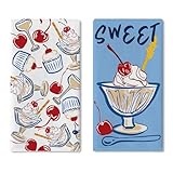 Croar Sweet Dessert Kitchen Dish Towels Set of 2, Cupcake Ice Cream Cherry Drying Hand Towel Baking Cooking Cloth, Blue Sundae Farmhouse Home Decoration 18'' x 26''