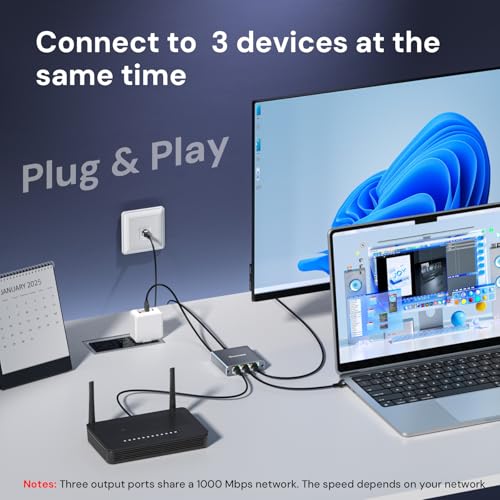 Image of Ethernet Splitter 1 to 3 1000Mbps, Dockteck Internet Cable Splitter 1 in 3 Out High Speed Switch Network Gigabit for LAN RJ45 Port Router Switch Work with Cat5 /5e /6 /7 /8 Cable(Silver Grey)