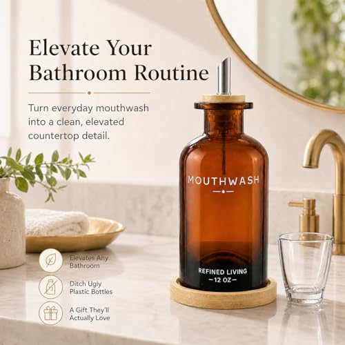 Image of Mouthwash Dispenser for Bathroom, 12 OZ Refillable Glass Mouthwash Bottle with Cup and Bamboo Tray, Decorative Mouth Wash Dispenser Set for Bathroom (Amber)