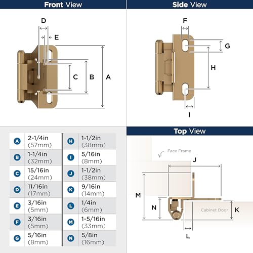 Image of Amerock 1 Pair 1 /4 inch Overlay Champagne Bronze Partial Wrap Cabinet Hinge | Self-Closing Steel Cabinet Hinge for Kitchen and Bathroom Cabinet Doors with a 1 /4 inch (6 mm) Overlay, Partial Wrap