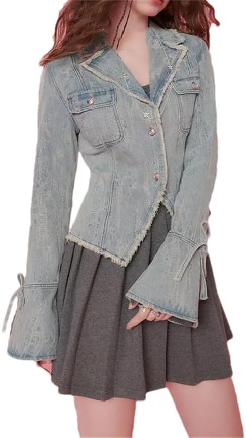 Vsadsau Women's Denim Blazer Retro Slim Fit Long Sleeve Lapel Solid Color Casual Jean Coat