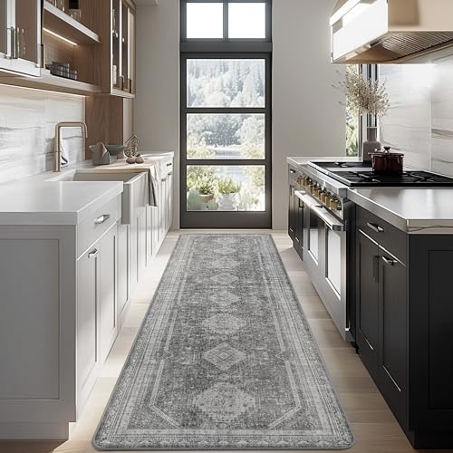 GENIMO 2'6''x12 Non Slip Hallway Runner Rug, Machine Washable, Thin & Low Pile Lightweight for Kitchen, Laundry, Entryway, Bedroom & Living Room, Gray